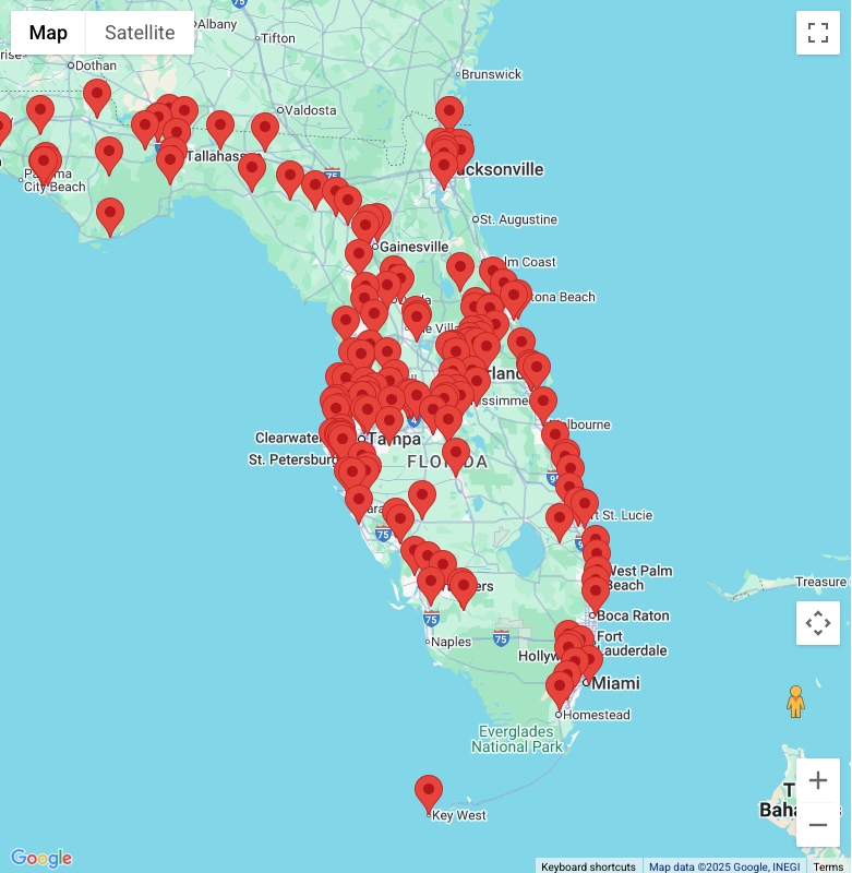 map of Florida with all the schools with photovoltaic systems indicated with a red pin.